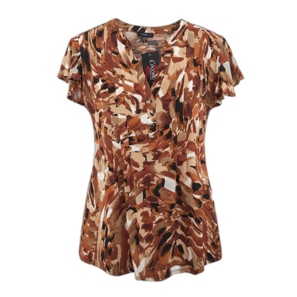 Cocomo Plus Size 2X Hues of Brown Geo Print Pintuck Flutter Short Sleeve Top